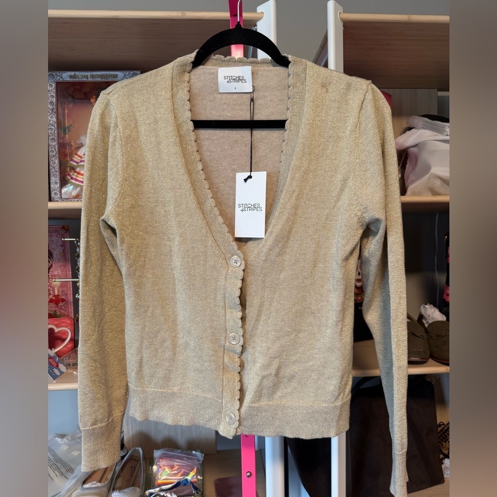 Stitches + Stripes Gold Metallic Sparkle Cardigan • NWT • Size S